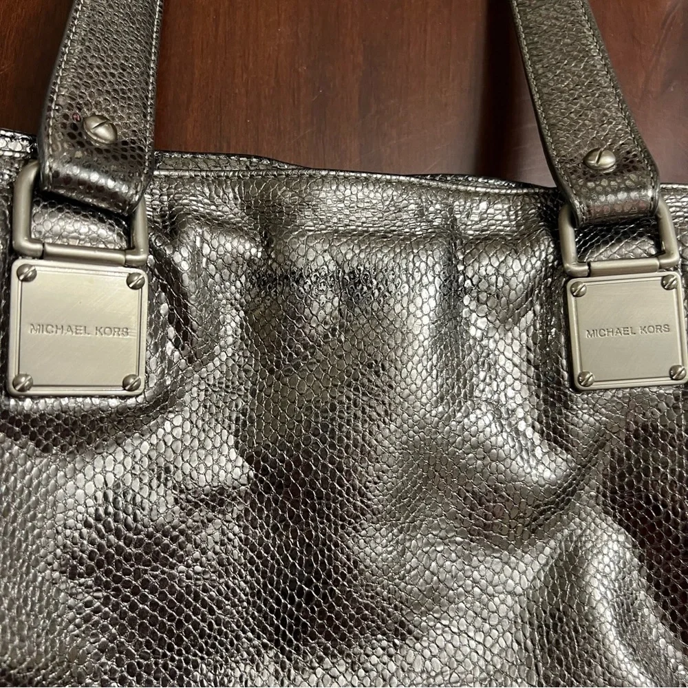 Michael Michael Kors Newbury satchel snake embossed  leather pewter silver